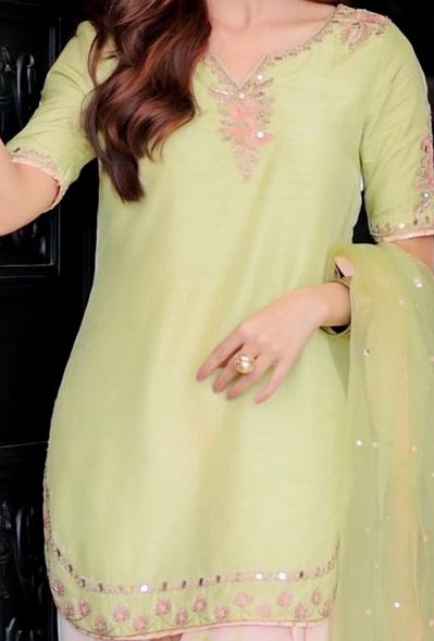 Embroidered V-Neck Kurti & Palazzos With Dupatta