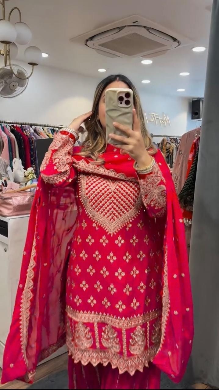 Designer Party Wear Top with Sharara Palazzo & Dupatta | Chinnon Silk
