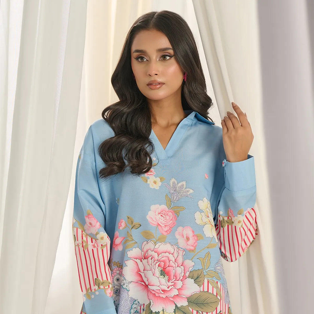 Blue With Pink Linen Blend Casual Co-Ord Set For Women