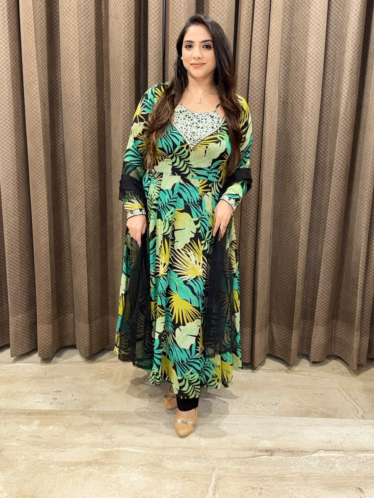 Designer Green Anarkali set with dupatta and handwork