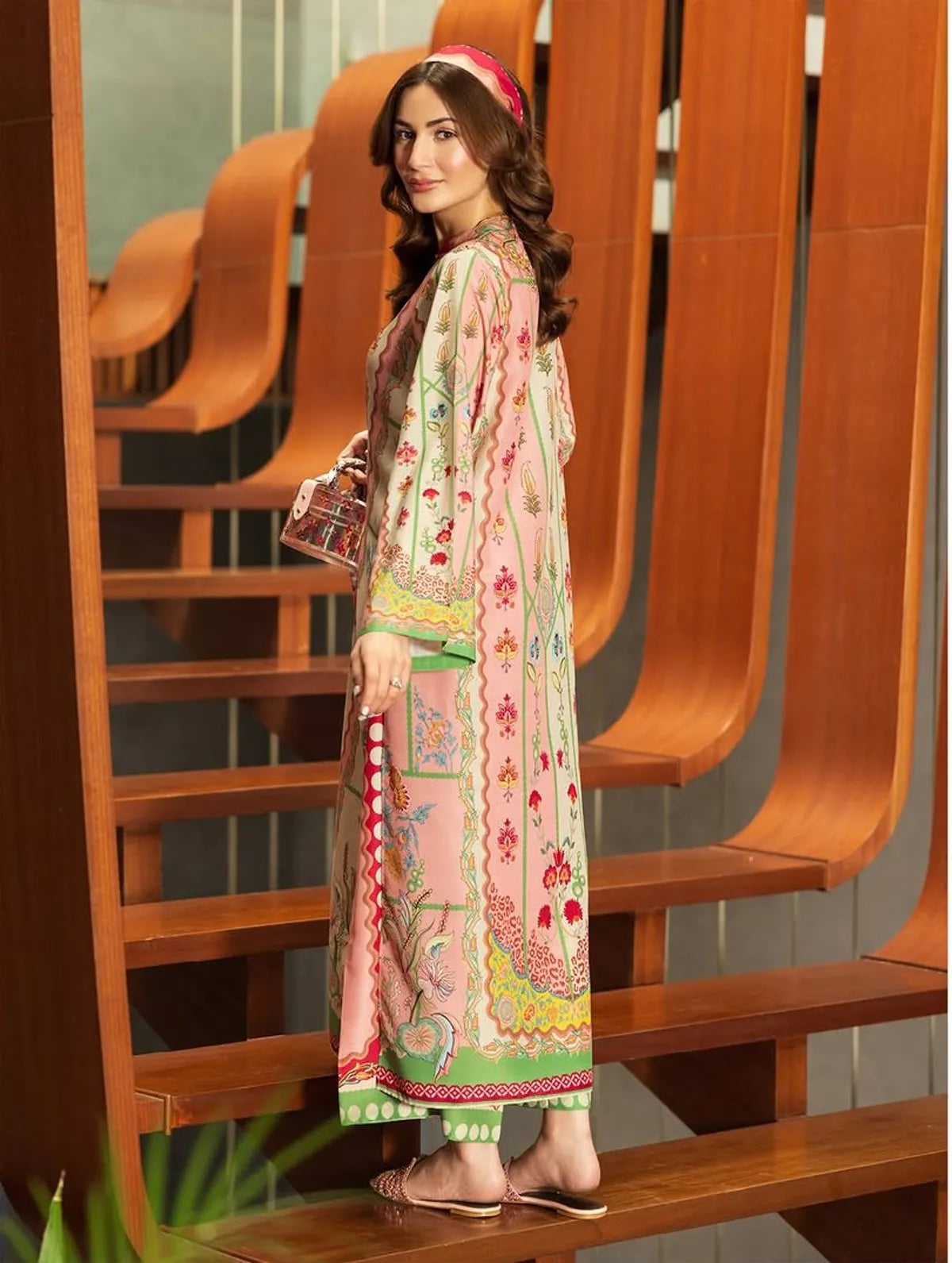 Pastel Pink Smooth Bsy Blush Bloom Ethnic Motif Lawn Dress For Women