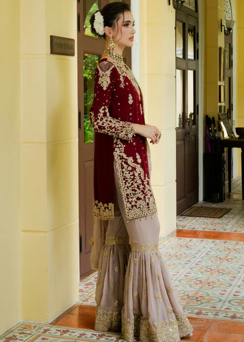 Designer Wine Maroon Embroidered Kurta Sharara Set with Dupatta