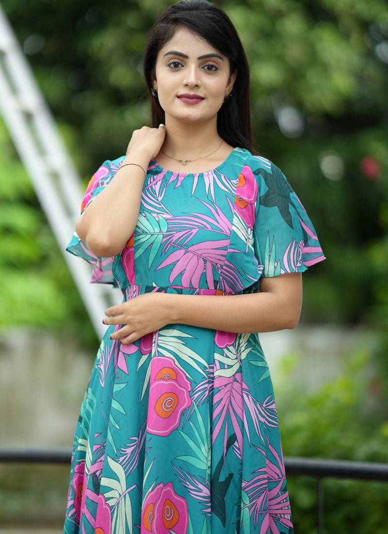 Turquoise Floral Printed Georgette Party Wear Dress