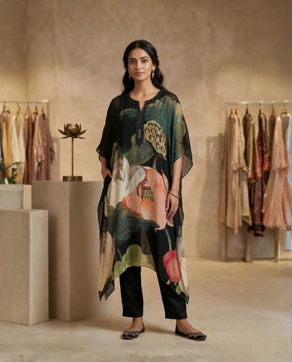Midnight Lotus Printed Kaftan Top