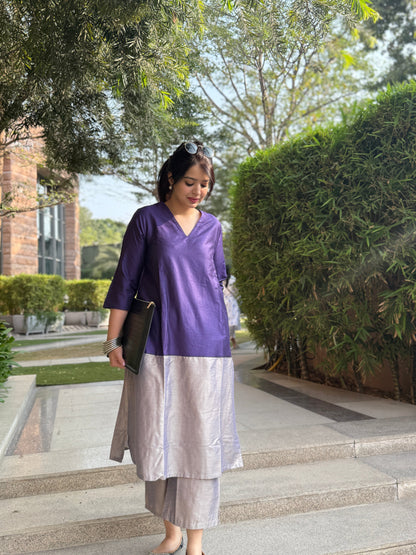 Mehr Plum Grey Cotton Silk Kurta Set