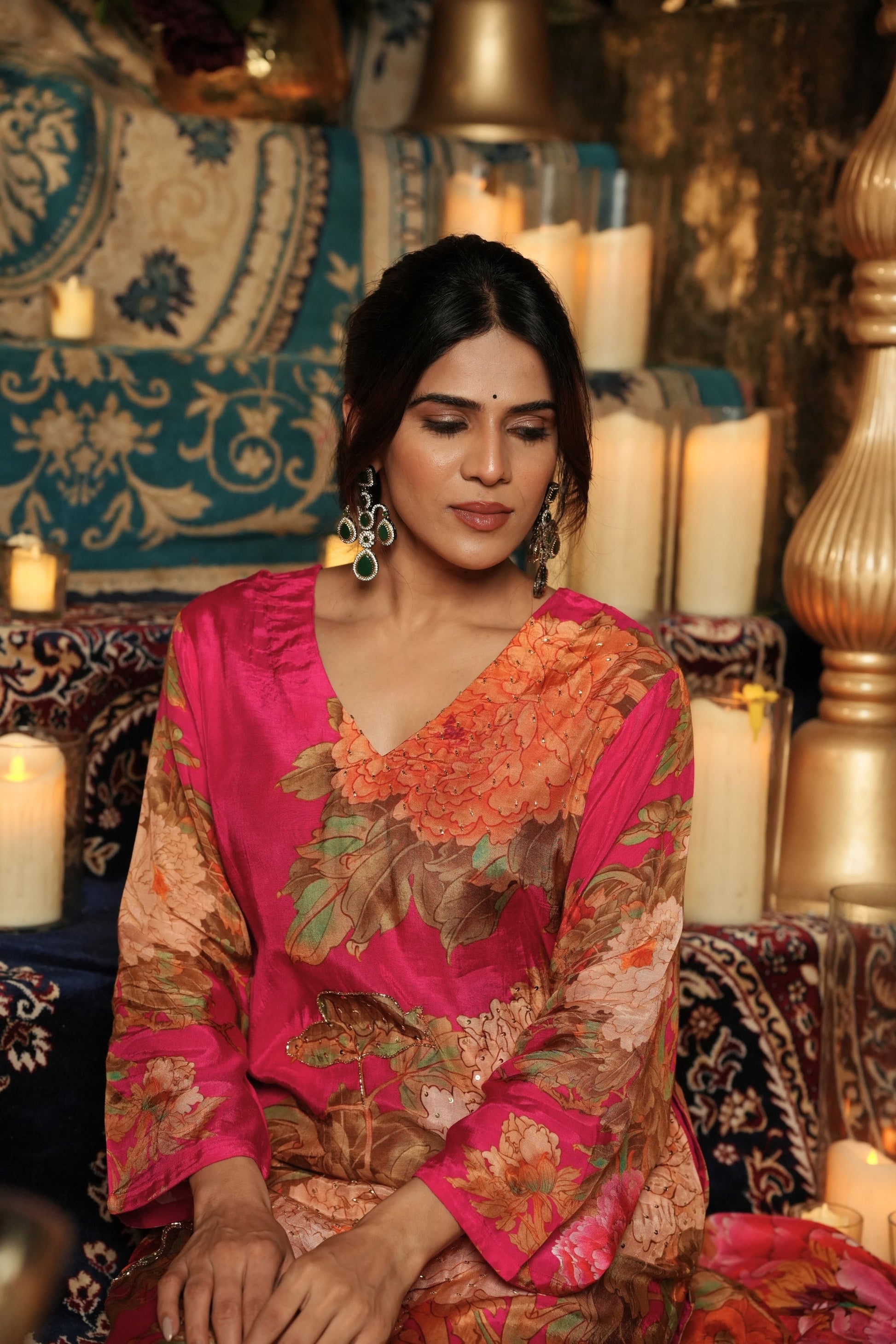 Floral Printed Kurta & Pant - Hand Embroidered - Set of 2 - Pink - Muslin Silk