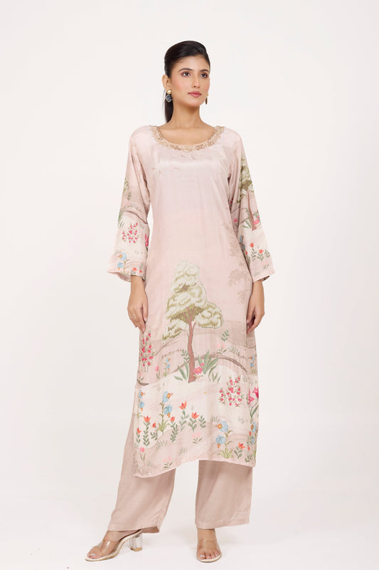 Printed Kurta & Pant - Hand Embroidered - Set of 2 - Lite Beige - Muslin Silk