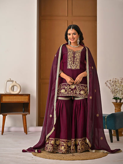 Wine Color Embroidered Fendy Silk Sharara Set | Your Designer Store