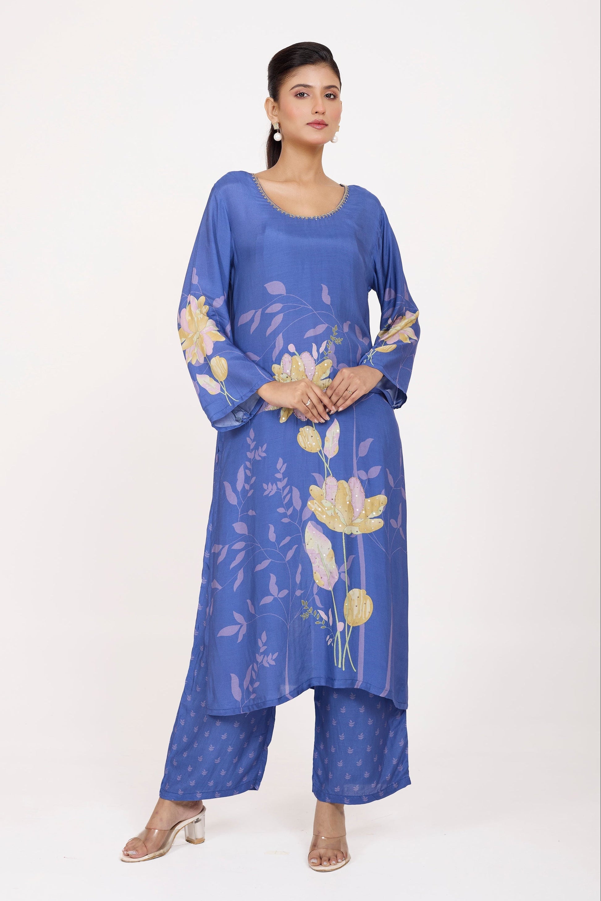 Printed Kurta & Pant - Hand Embroidered - Set of 2 - Blue - Muslin Silk