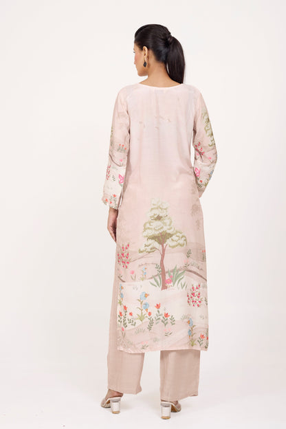 Printed Kurta & Pant - Hand Embroidered - Set of 2 - Lite Beige - Muslin Silk