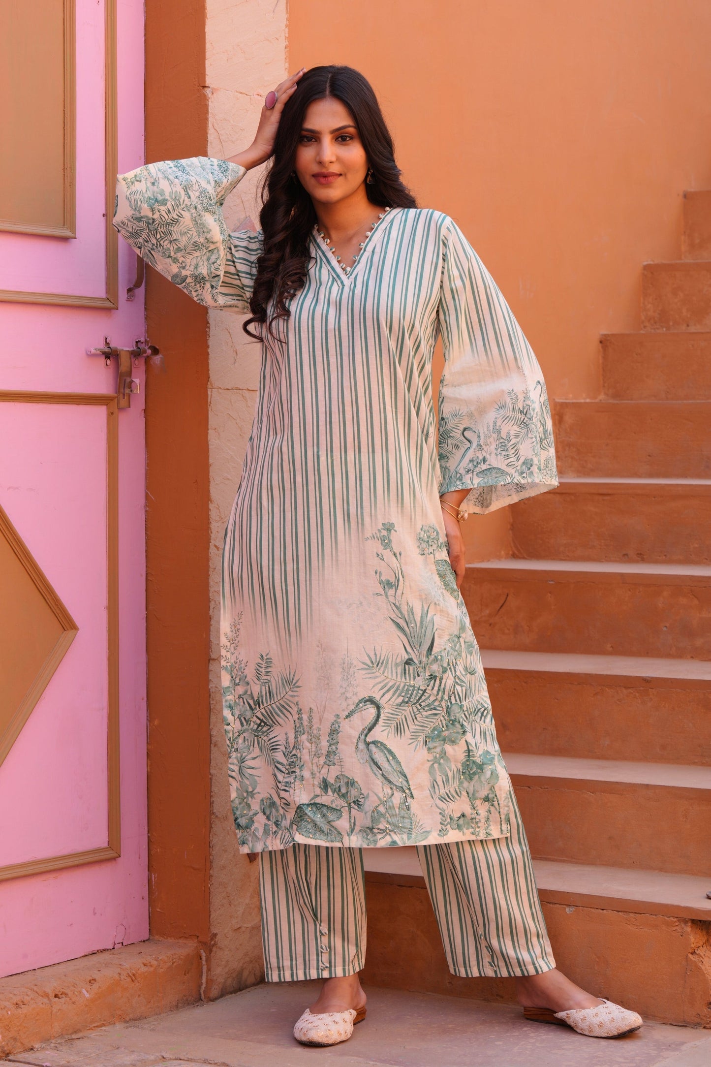 Printed Cotton Kurta & Pant - Hand Embroidered - Set of 2 - White Base