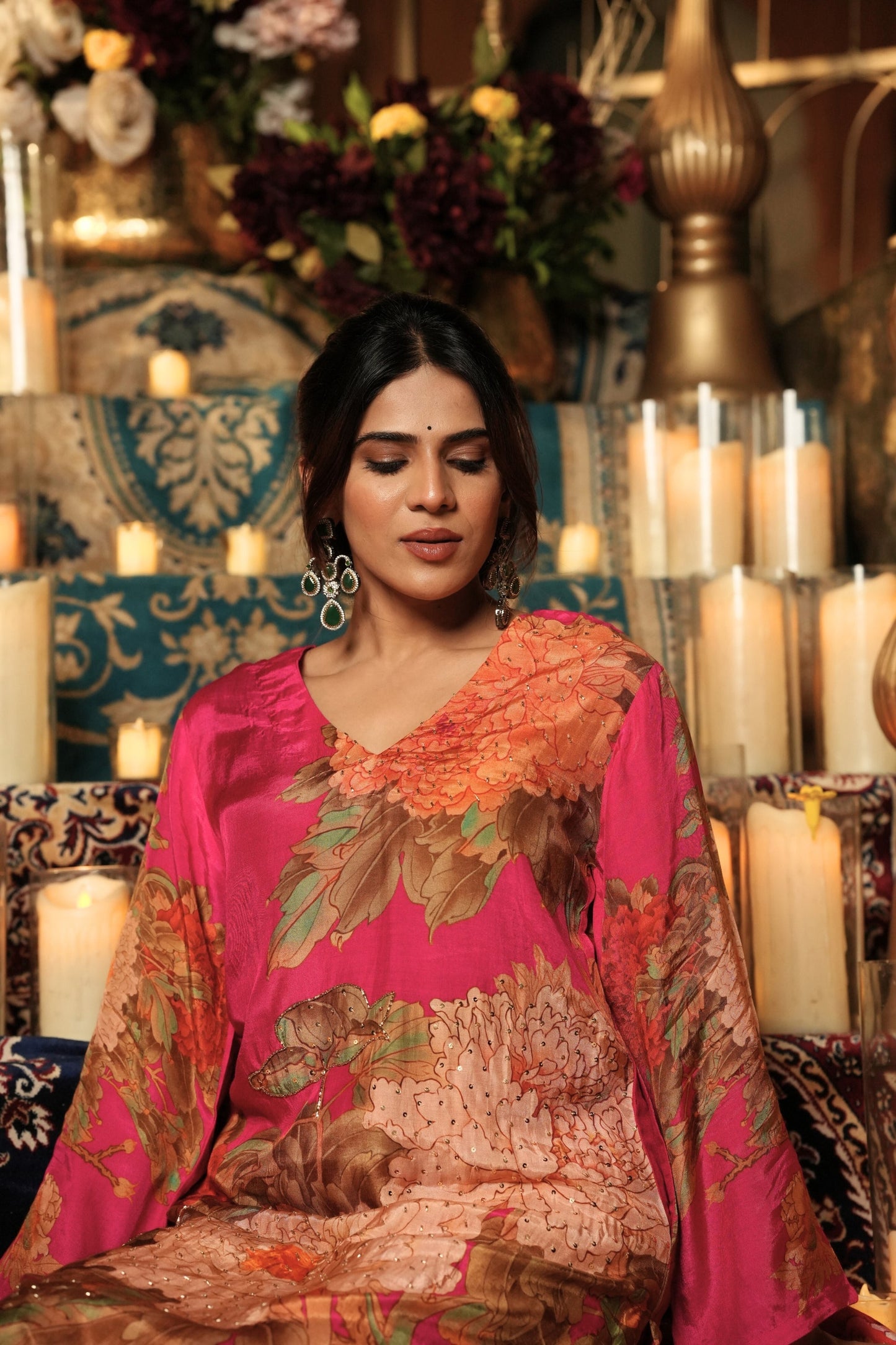 Floral Printed Kurta & Pant - Hand Embroidered - Set of 2 - Pink - Muslin Silk
