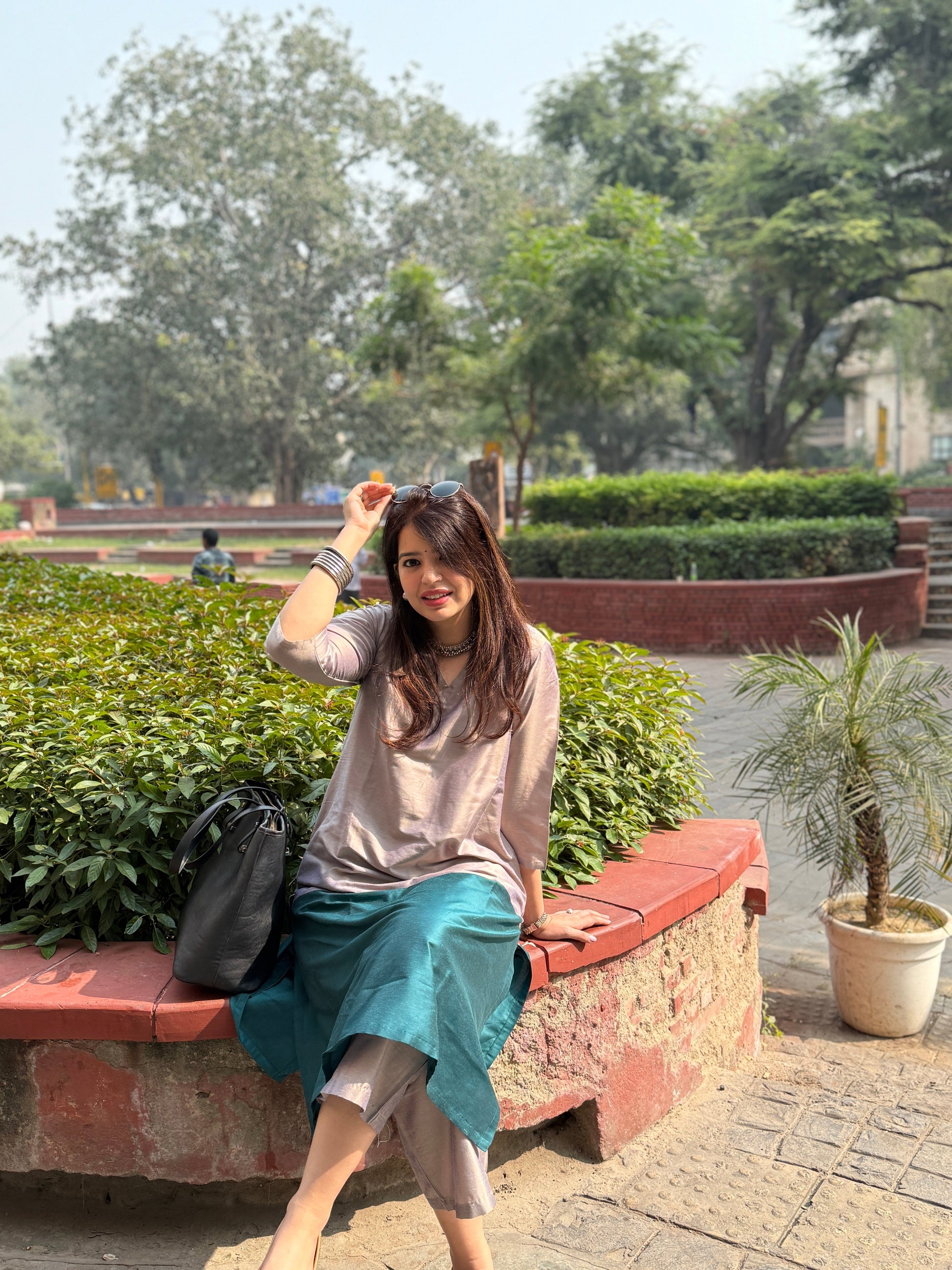 Mehr Emerald Grey Cotton Silk Kurta  Set