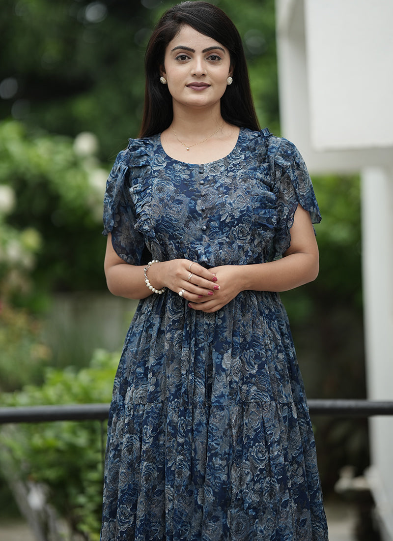 Blue Georgette Abstract Printed Festive Dress