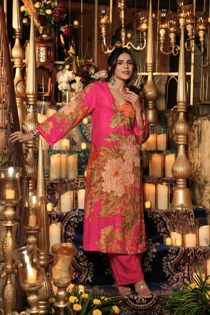 Floral Printed Kurta & Pant - Hand Embroidered - Set of 2 - Pink - Muslin Silk