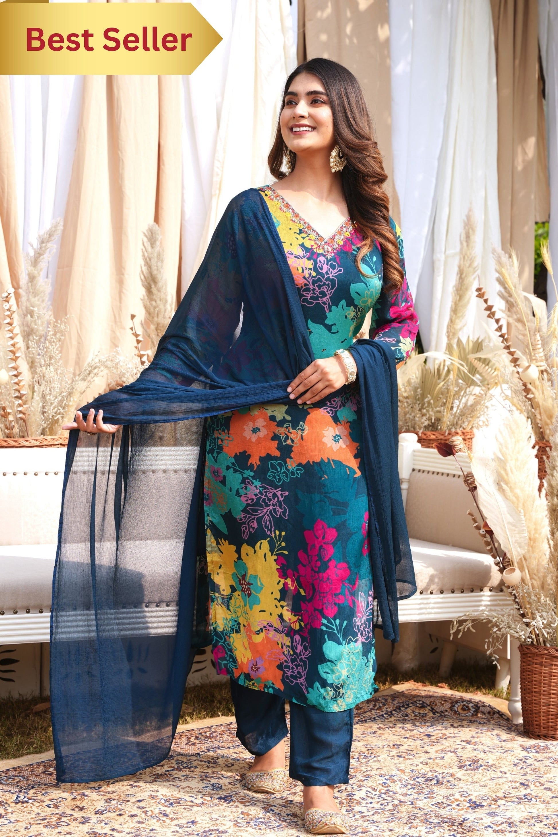 WOMEN'S FLORAL PRINTED - HAND EMBROIDERED - STRAIGHT KURTA, PANT SET OF 3 - BLUE