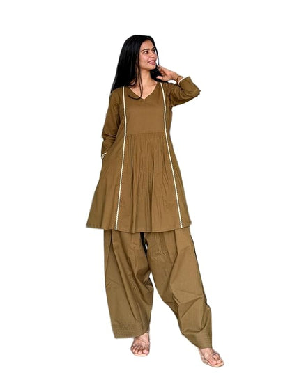 Women's Cotton Farshi Salwar Suit For Women 3/4 Sleeves | Plain Kurti With Palazzo Set For Girls