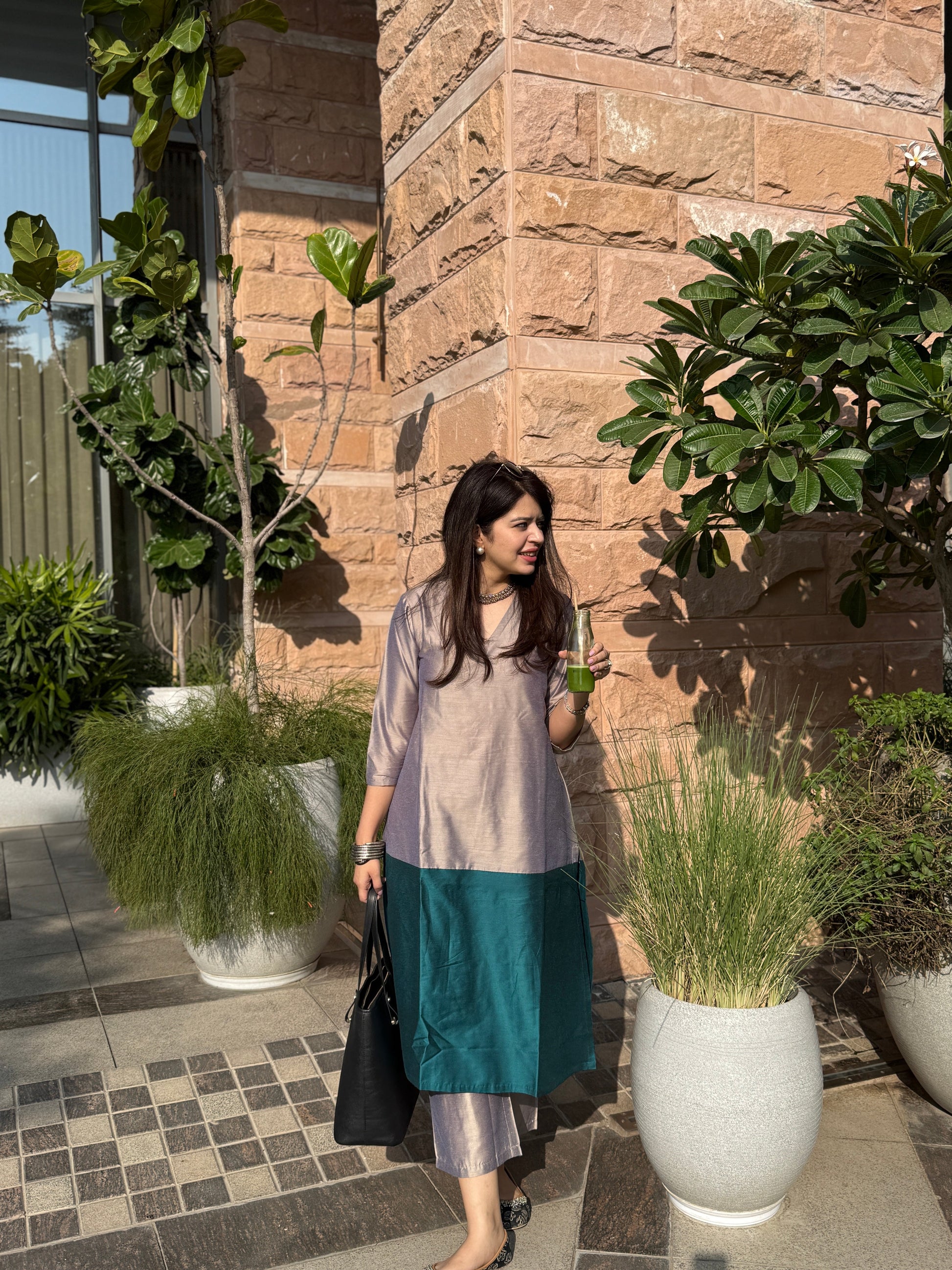 Mehr Emerald Grey Cotton Silk Kurta  Set