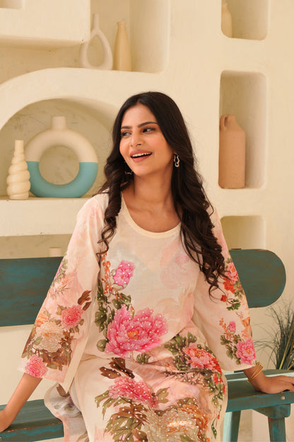 Printed Cotton Kurta & Pant - Hand Embroidered- Set of 2 - Off White