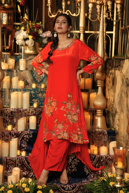 Festive Kurta & Pant - Hand Embroidered - Set of 3 - Tomato Red