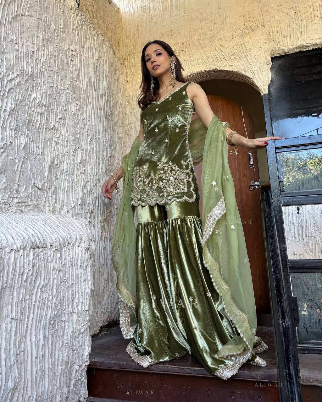 New Arrival Premium Velvet Sharara Suit with Hand Moti & Sequin Dupatta