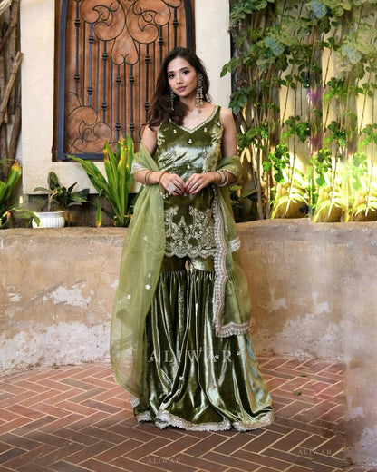 New Arrival Premium Velvet Sharara Suit with Hand Moti & Sequin Dupatta