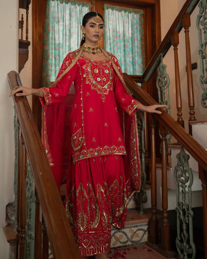 Elegant Chinon Silk Top, Sharara & Dupatta (MD-3041)