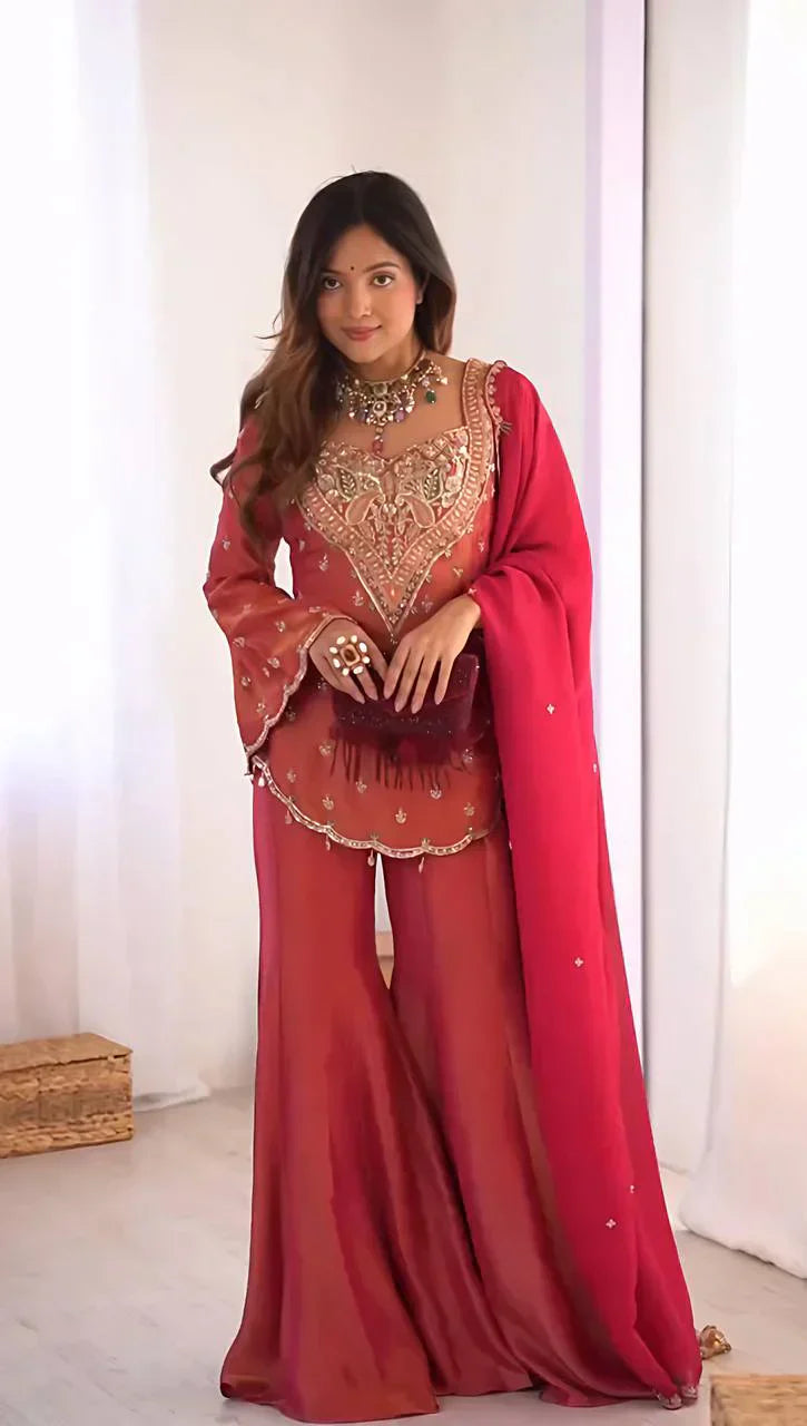 Simar Silk Embroidered Sharara Set - Luxurious Festive Wear
