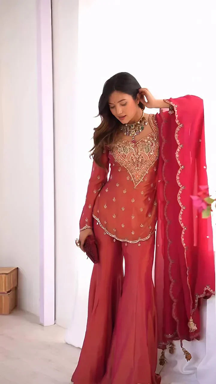 Simar Silk Embroidered Sharara Set - Luxurious Festive Wear