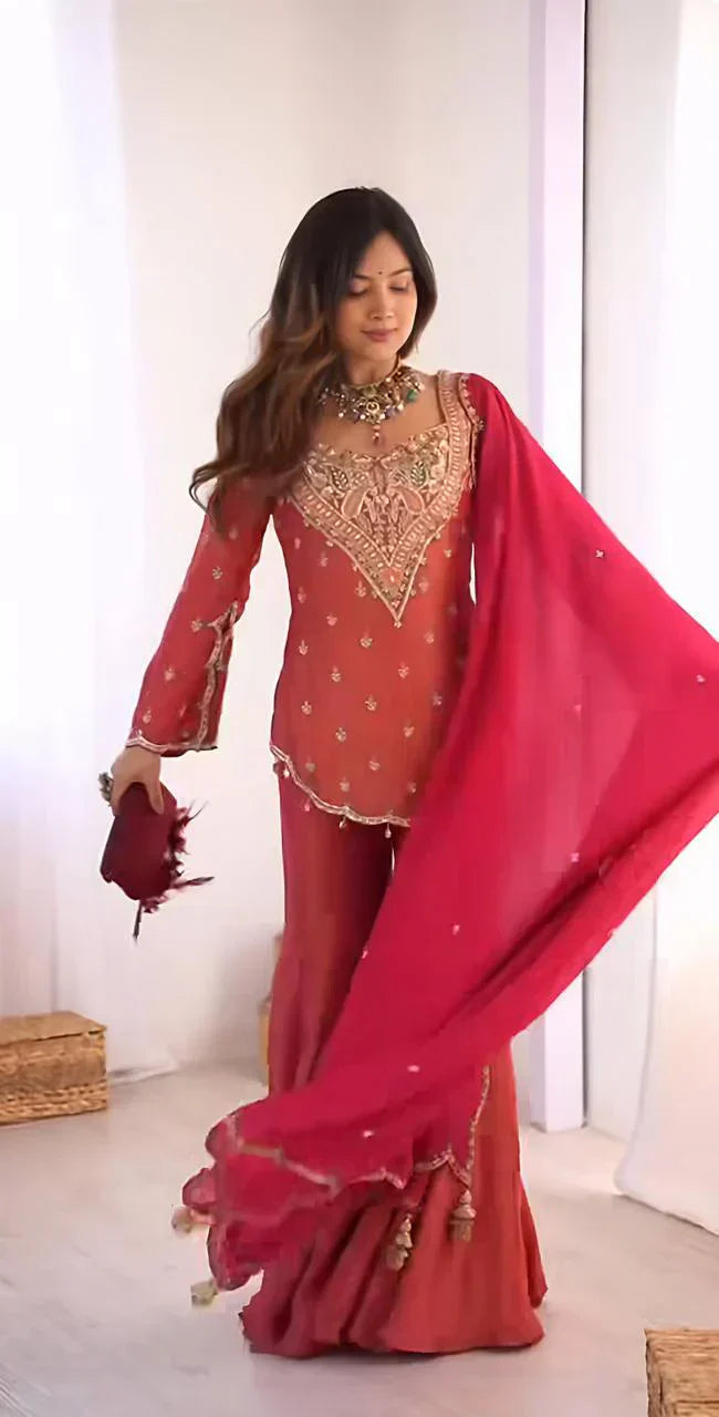 Simar Silk Embroidered Sharara Set - Luxurious Festive Wear