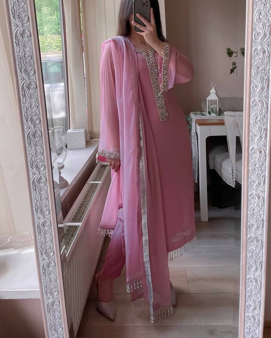 Designer Faux Georgette Suit with Real Moti Handwork