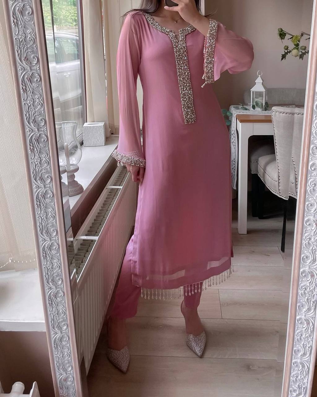 Designer Faux Georgette Suit with Real Moti Handwork