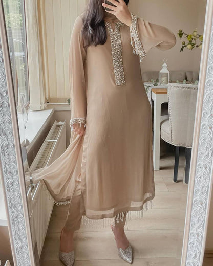 Designer Faux Georgette Suit with Real Moti Handwork