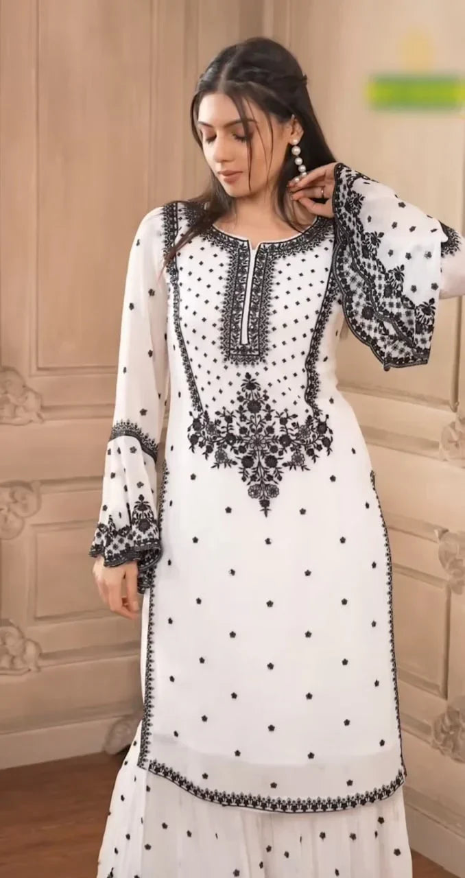 White Heavy Fox Georgette Embroidered Kurta Sharara Set