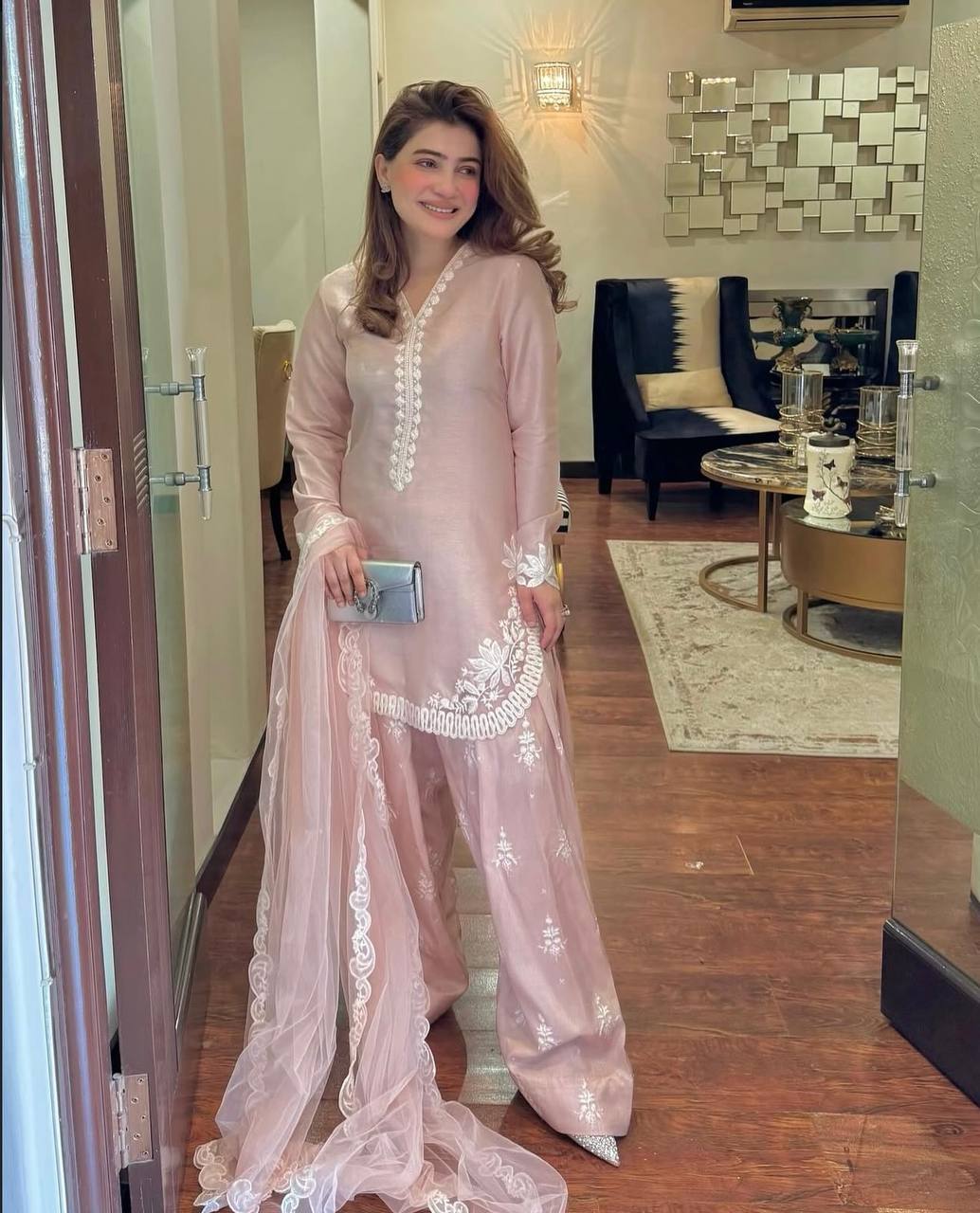 Designer Blush Pink Embroidered Farshi Pant Suit Set in Crepe Silk