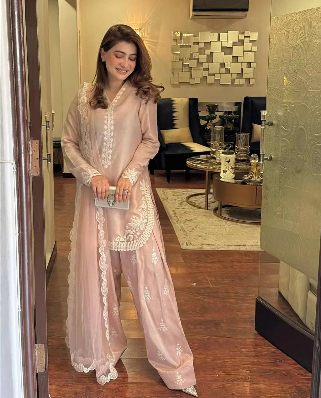 Designer Blush Pink Embroidered Farshi Pant Suit Set in Crepe Silk
