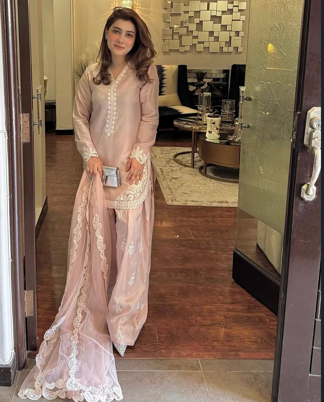 Designer Blush Pink Embroidered Farshi Pant Suit Set in Crepe Silk