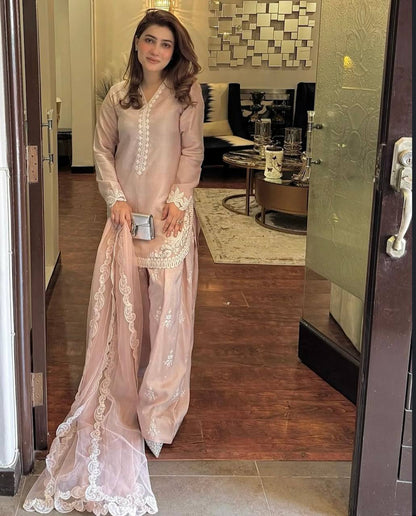 Designer Blush Pink Embroidered Farshi Pant Suit Set in Crepe Silk