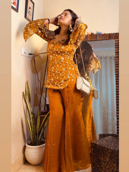 EXCLUSIVE 2 PIECE TOP AND PLAZZO IN SEQUENCE EMBROIDERY WORK
