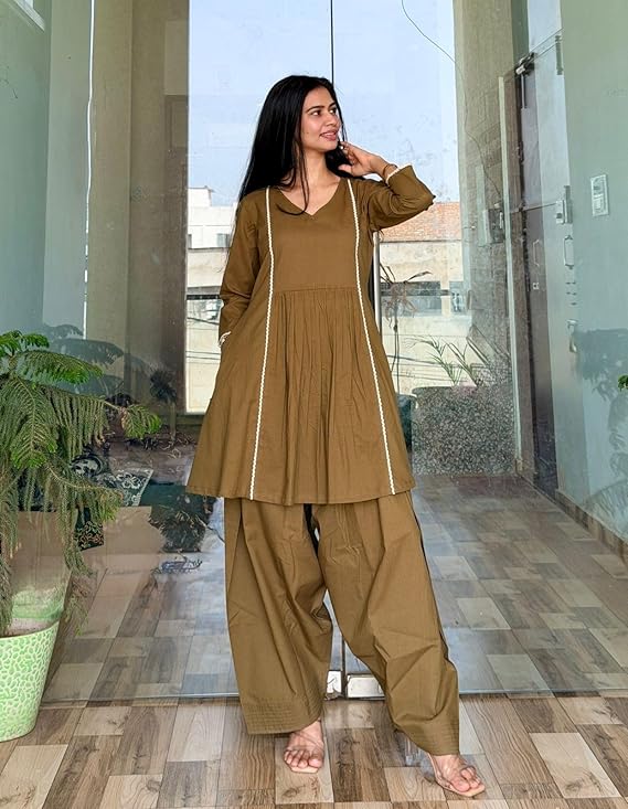 Women's Cotton Farshi Salwar Suit For Women 3/4 Sleeves | Plain Kurti With Palazzo Set For Girls