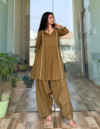 Women's Cotton Farshi Salwar Suit For Women 3/4 Sleeves | Plain Kurti With Palazzo Set For Girls