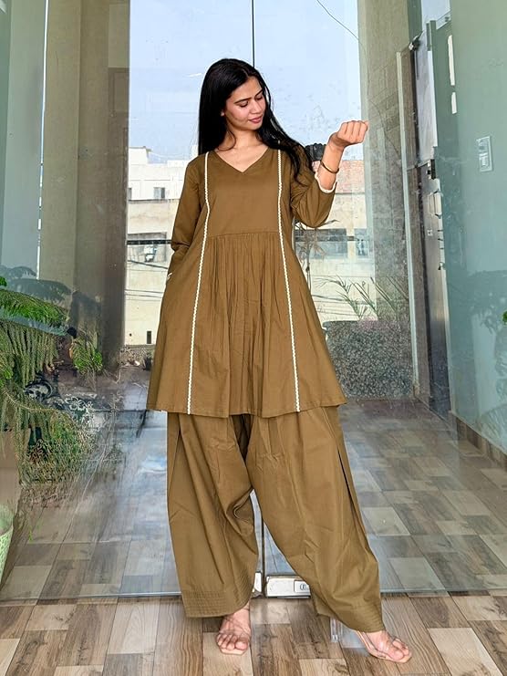 Women's Cotton Farshi Salwar Suit For Women 3/4 Sleeves | Plain Kurti With Palazzo Set For Girls