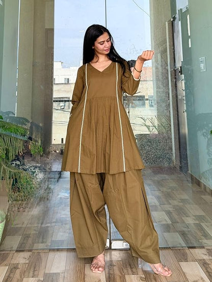 Women's Cotton Farshi Salwar Suit For Women 3/4 Sleeves | Plain Kurti With Palazzo Set For Girls