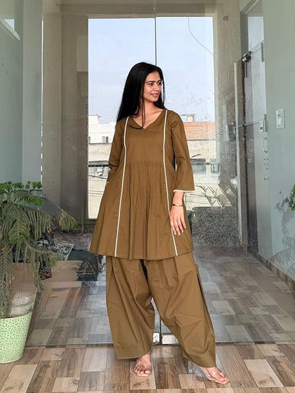 Women's Cotton Farshi Salwar Suit For Women 3/4 Sleeves | Plain Kurti With Palazzo Set For Girls
