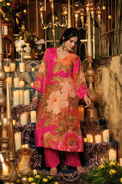 Floral Printed Kurta & Pant - Hand Embroidered - Set of 2 - Pink - Muslin Silk