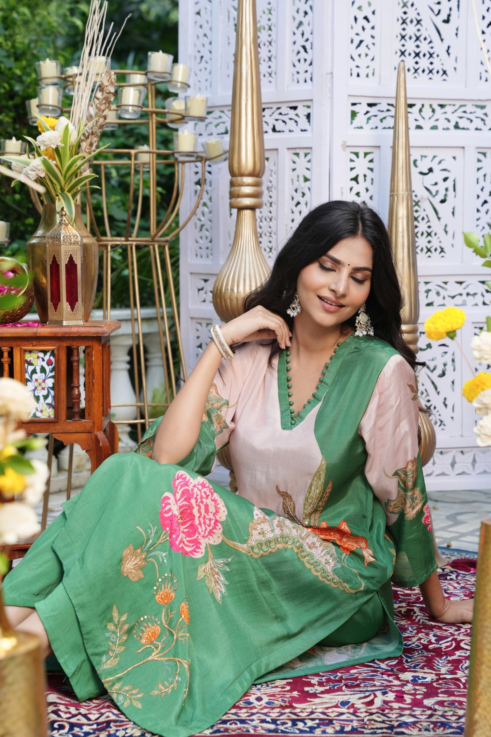 Floral Printed Kurta & Pant - Hand Embroidered - Set of 2 - Green - Muslin Silk