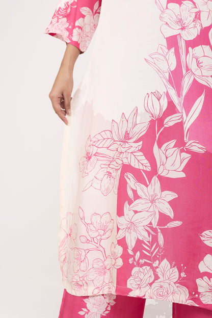 Printed Kurta & Pant - Hand Embroidered - Set of 2 - Ombre Pink - Muslin Silk