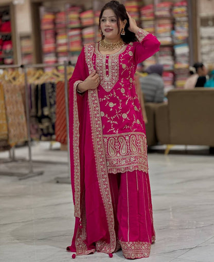Designer Chinnon Silk Sharara Suit for Women | Embroidered