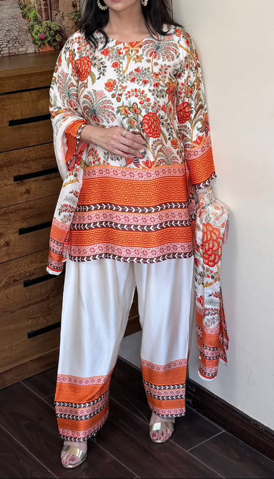 Soft Florals Co-Ord Digital Print  Ivory Satin Silk set