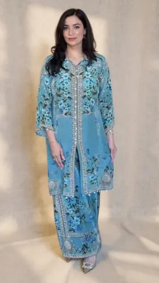 Grey Blue Digital Print Cord Set D.No 22c